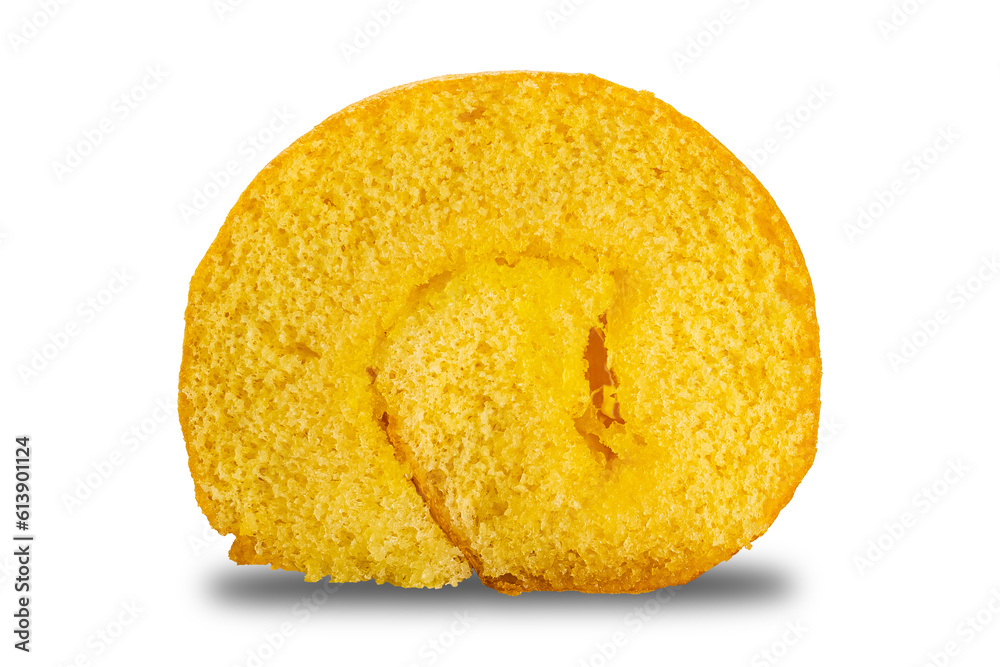 Front view of delicious homemade soft roll cake isolated on white background with clipping path. Closeup. Horizontal format. Front view of delicious homemade soft roll cake isolated on white background with clipping path. Closeup. Horizontal format.