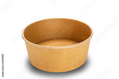 Side view closeup of new empty single brown paper bowl isolated on white background with clipping path. photo