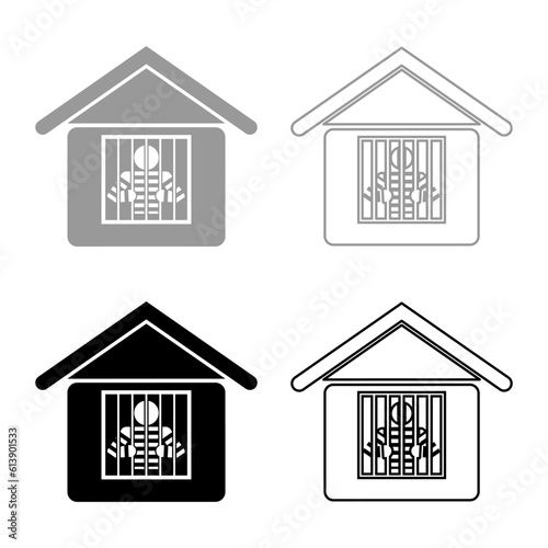Prisoner in prison building set icon grey black color vector illustration image solid fill outline contour line thin flat style