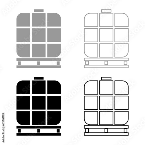 IBC intermediate bulk container tank for liquids fluid water storage reservoir set icon grey black color vector illustration image solid fill outline contour line thin flat style photo