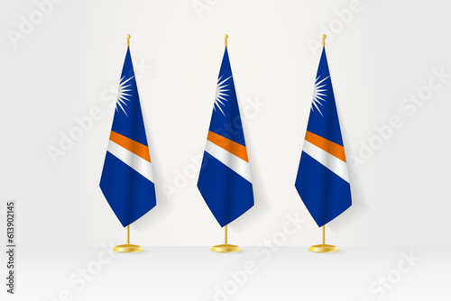 Three Marshall Islands flags in a row on a golden stand, illustration of press conference and other meetings.