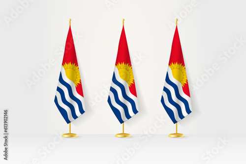 Three Kiribati flags in a row on a golden stand, illustration of press conference and other meetings.
