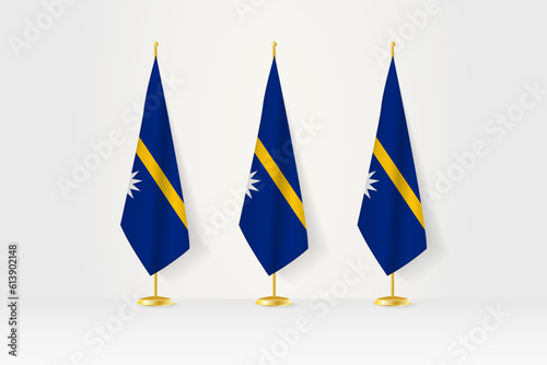 Three Nauru flags in a row on a golden stand, illustration of press conference and other meetings.