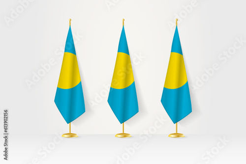 Three Palau flags in a row on a golden stand, illustration of press conference and other meetings.