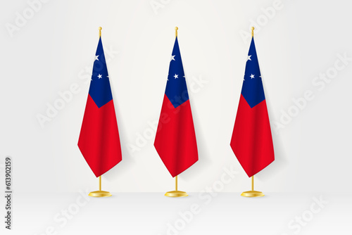 Three Samoa flags in a row on a golden stand, illustration of press conference and other meetings.