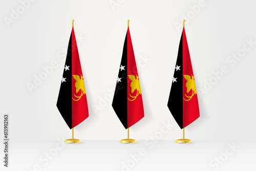 Three Papua New Guinea flags in a row on a golden stand, illustration of press conference and other meetings.