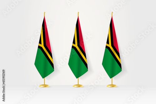 Three Vanuatu flags in a row on a golden stand, illustration of press conference and other meetings.