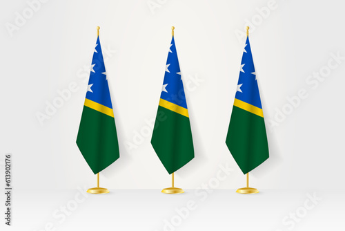 Three Solomon Islands flags in a row on a golden stand, illustration of press conference and other meetings.