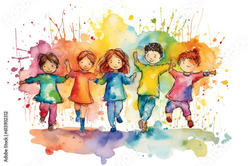 Hand drawn children jumping happily on a colorful watercolor background. Generative AI