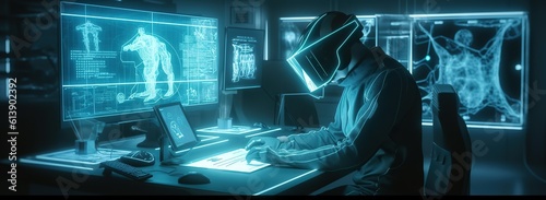 A man working in front of a computer screen taking notes, medical diagnosis futuristic computer, futuristic robot style