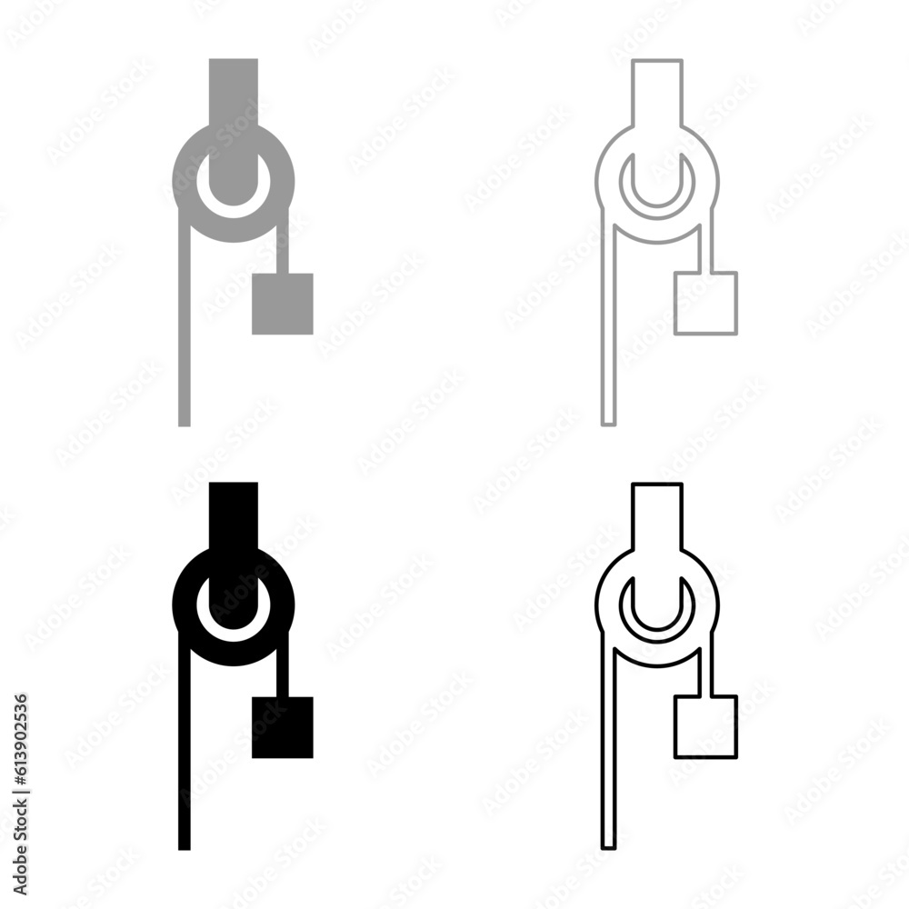 Winch with cord pulley construction climbing block equipment sheave with cargo weight freight burden set icon grey black color vector illustration image solid fill outline contour line thin flat style Winch with cord pulley construction climbing block equipment sheave with cargo weight freight burden set icon grey black color vector illustration image solid fill outline contour line thin flat style
