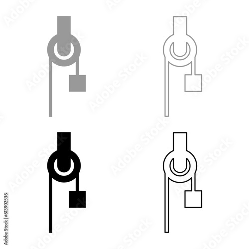 Winch with cord pulley construction climbing block equipment sheave with cargo weight freight burden set icon grey black color vector illustration image solid fill outline contour line thin flat style