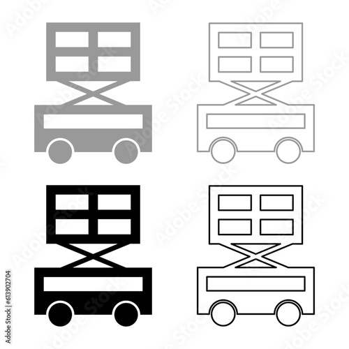Lifting machine scissor lift platform self propelled set icon grey black color vector illustration image solid fill outline contour line thin flat style