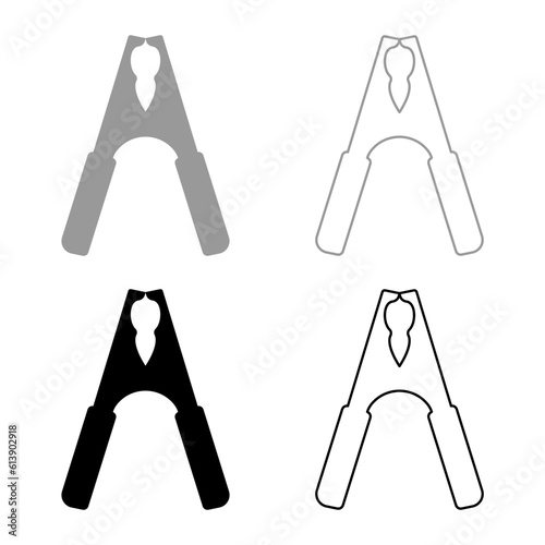 Electrical clip terminal to battery car crocodile shape set icon grey black color vector illustration image solid fill outline contour line thin flat style