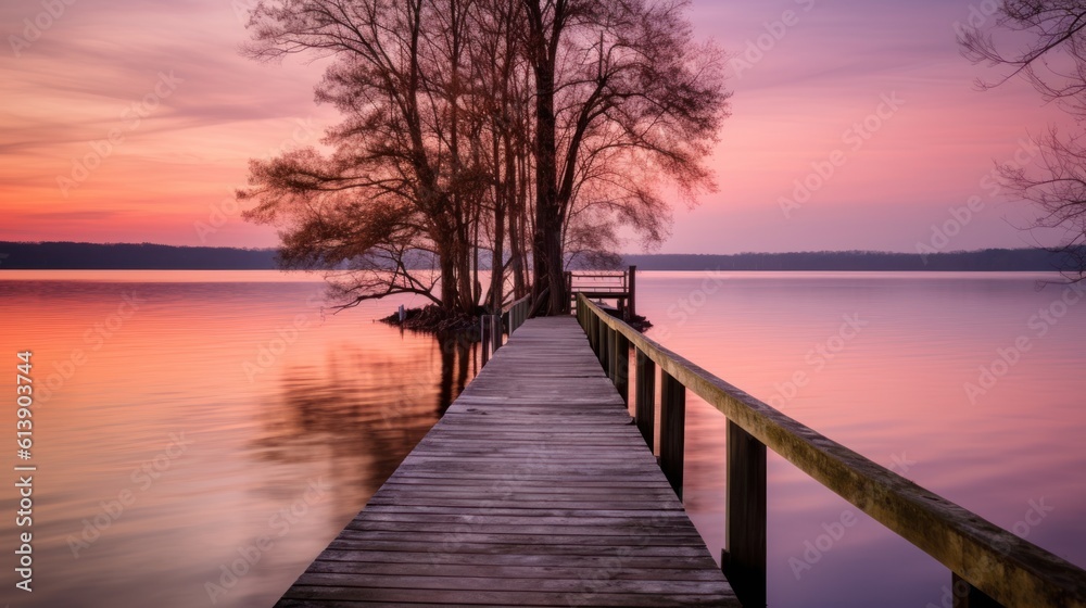 Capture the tranquility of a peaceful lakeside scene at sunset, with soft colors, gentle ripples in the water, and a sense of calm