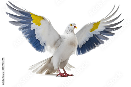 Ethereal Elegance: A Majestic White Pigeon Soaring with the Ukrainian Flag