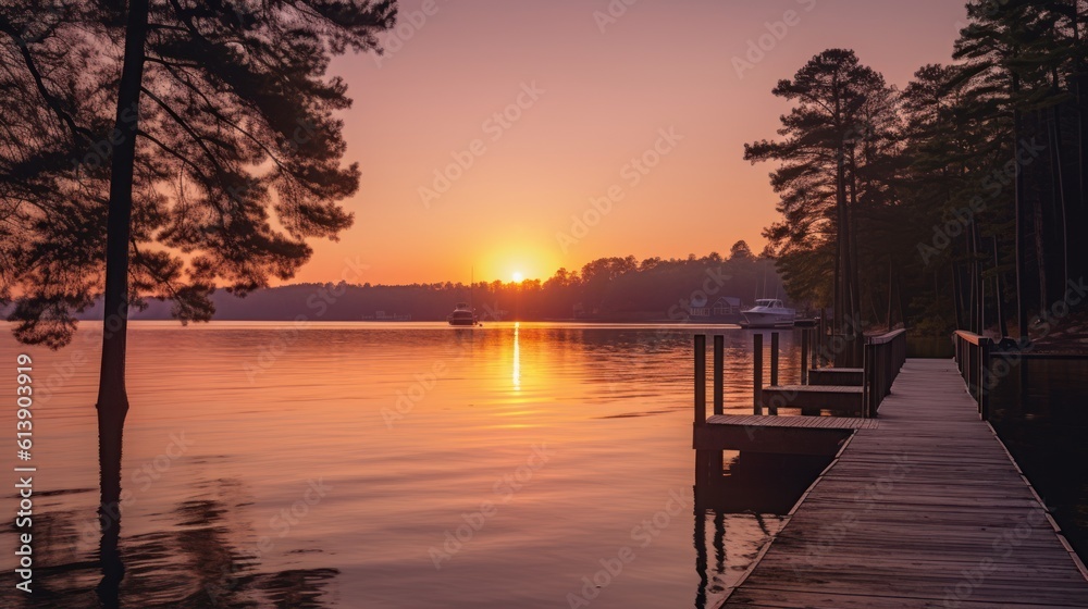 Capture the tranquility of a peaceful lakeside scene at sunset, with soft colors, gentle ripples in the water, and a sense of calm