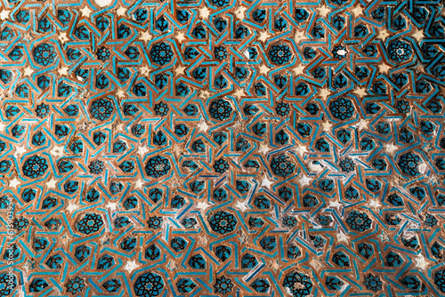Aged blue tiles from Blue Madrasa (Gok Medrese in Turkish), Sivas, Turkey photo