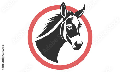 Vector simple black and white stencil portrait of a cute donkey in a red circle on a white background. Sticker, icon or badge.