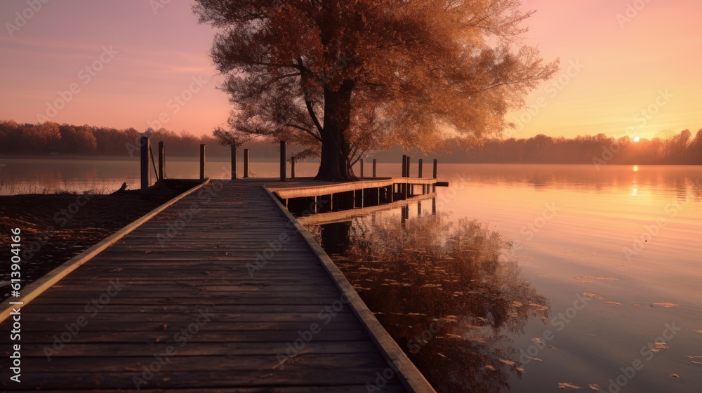 Fototapeta premium Capture the tranquility of a peaceful lakeside scene at sunset, with soft colors, gentle ripples in the water, and a sense of calm