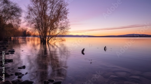 Capture the tranquility of a peaceful lakeside scene at sunset, with soft colors, gentle ripples in the water, and a sense of calm © Damian Sobczyk
