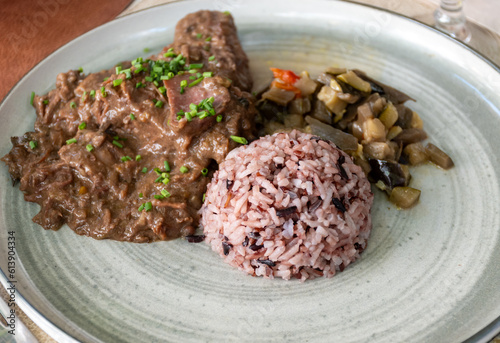 Gardiane de Taureau, gardianne, or daube camarguaise bull slow cooked stew served with rice from Camargue with vegetables, tastes of Camargue, Provence, France photo