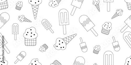 black white outline icecream seamless pattern