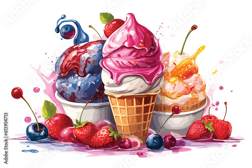 Strawberry ice with fruits cream vector illustration white background. 