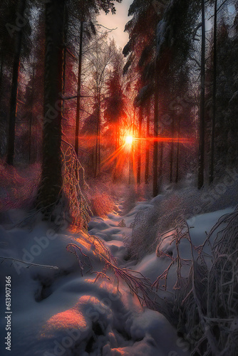 Illustration of a forest in winter at sunset