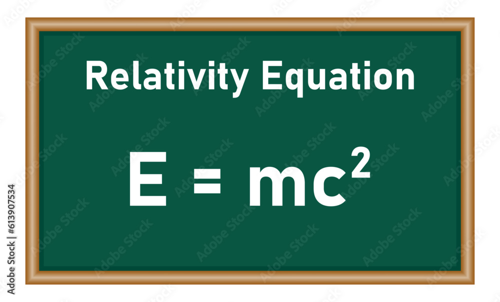 Energy, mass and speed of light equation. EMC formula. Mass and energy equation. Physics resources for teachers and students. Vector illustration.