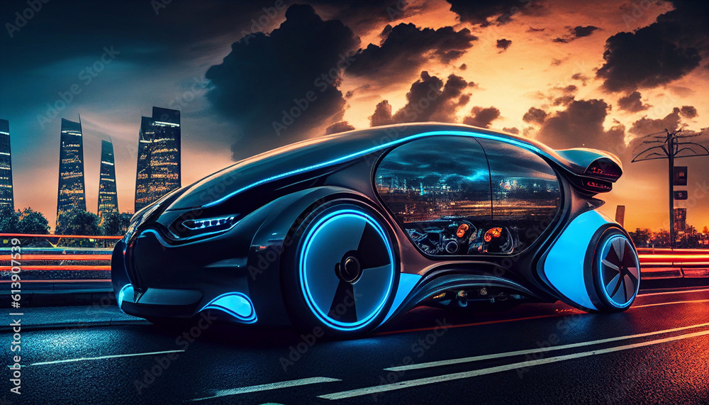 modern high-tech sport car with neon light on a background night city