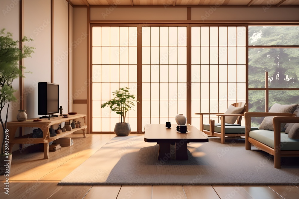 japan style interior living room with tv, generative ai