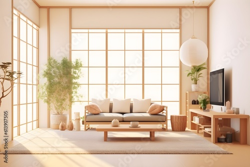 zen modern living room with tv japanese style  minimal interior  generative ai