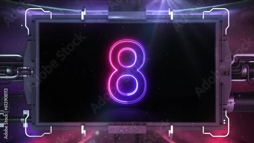 Top ten countdown, neon light numbers from 10 to 1, futuristic 3d display design concept. Perfect for ranking, charts, gaming and music topics. photo