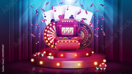 Red cartoon podium with Casino elements and bulbs lights.