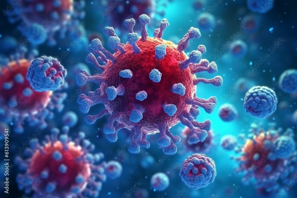 Close up macro details of flying red blue microbes molecules virus bacteria. Coronavirus outbreak COVID-19 Close up macro details of flying red blue microbes molecules virus bacteria. Coronavirus outbreak COVID-19