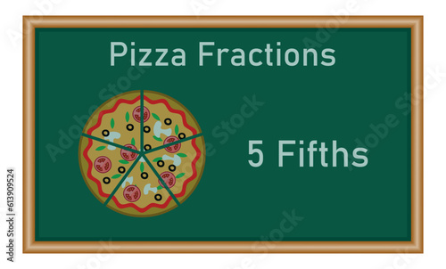 Five fifths pizza fractions. Fraction for kids. Pizza slices. Fraction fun with pizza. vector illustration isolated on white background.