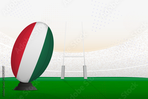 Hungary national team rugby ball on rugby stadium and goal posts, preparing for a penalty or free kick.