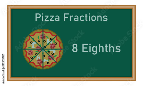 Eight eighths pizza fractions. Fraction for kids. Pizza slices. Fraction fun with pizza. Mathematics resources for teachers and students. Vector illustration.