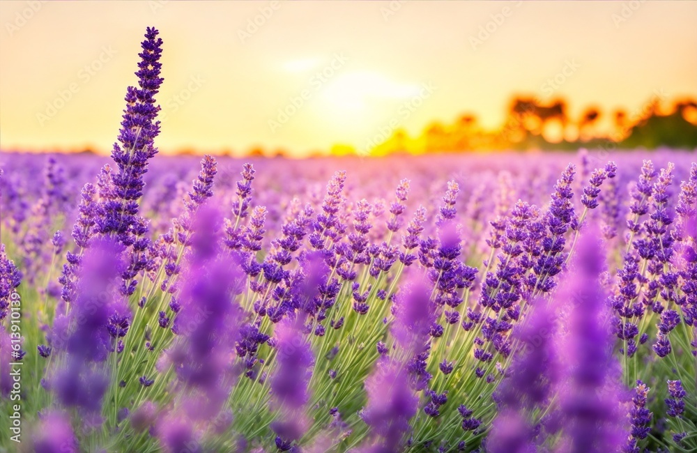 Blooming lavender flowers at sunset in Provence, France. Macro image, generative ai
