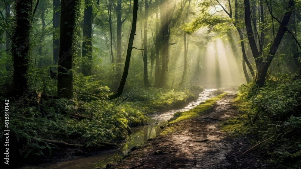 Misty forest clearing, with dappled sunlight filtering through the ...