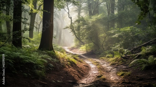 Wallpaper Mural Misty forest clearing, with dappled sunlight filtering through the trees, and a hidden path leading into the unknown Torontodigital.ca