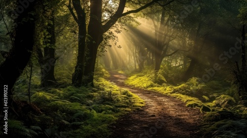 Misty forest clearing, with dappled sunlight filtering through the trees, and a hidden path leading into the unknown © Damian Sobczyk