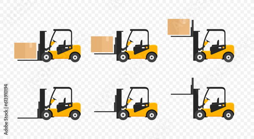 Forklift loader lifts cargo in cardboard boxes, graphic design. Pallet stacker truck equipment at warehouse vector illustration