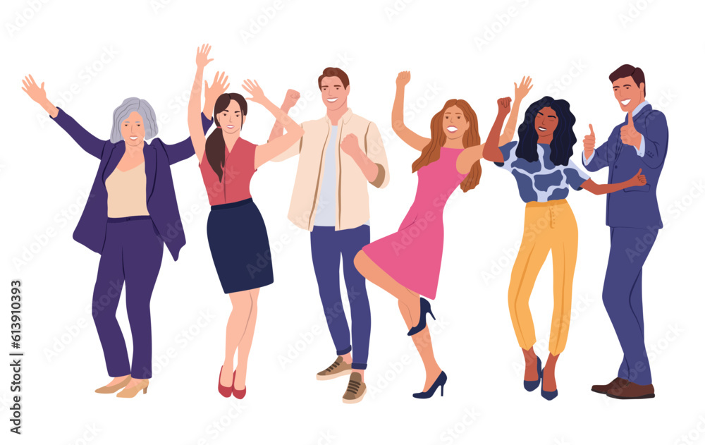 Business team success. group of people. Vector illustration of happy jumping cartoon men and women in office clothes. Isolated on white.