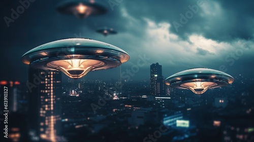 Alien invasion scene on big city background. UFO like a big flying saucers over megapolis cityscape. Outdoor urban backdrop. AI generative image.