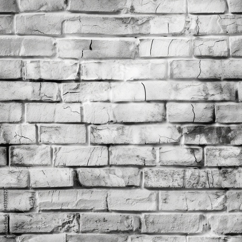 Old dirty and weathered white brick wall seamless pattern. Grey bricks. Endless texture. AI generative image.