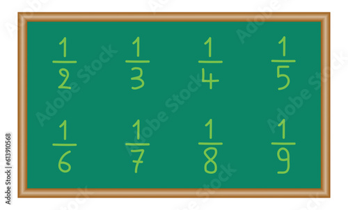 Unit fraction number. Half, third, quarter, fifth, sixth, seventh, eighth, ninth, tenth. Numerator, denominator and fraction bar. Vector illustration isolated on white background.