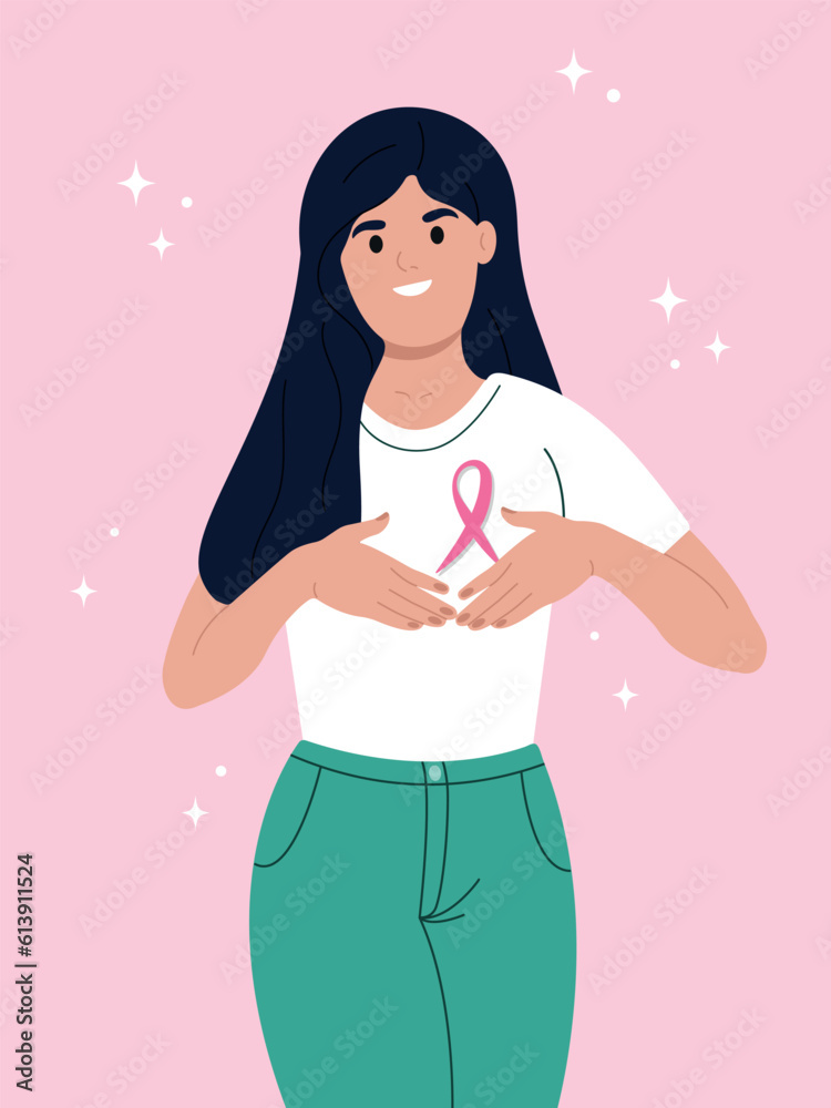 Breast Cancer Awareness Month. A beautiful young woman performs a breast self -examination. Women's health. Pink ribbon symbol. Breast Cancer Awareness Month. A beautiful young woman performs a breast self -examination. Women's health. Pink ribbon symbol.