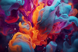 Abstract Colorful Paint Ink Explode Diffusion Psychedelic Blast Movement. soft colors, abstract composition. Color paint drops in water. Ink swirling underwater. Close up view. Generative AI